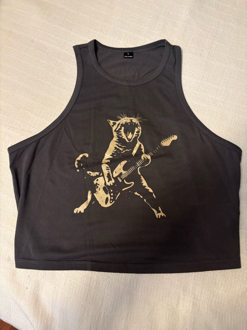 SHEIN Black Crop Tank with Gold Guitar Cat Print
